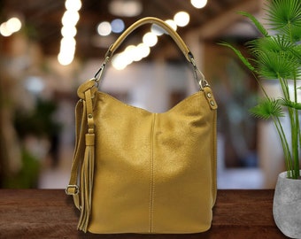 Sac en Cuir souple  pour femme, Bandouliere  jaune moutarde