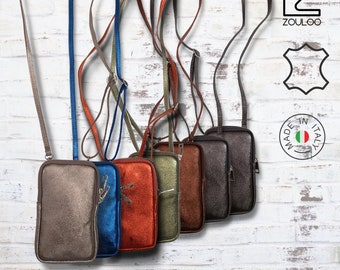 Smartphone pouch in genuine iridescent leather, small shoulder bag for golden smartphone, mobile phone, with zipper