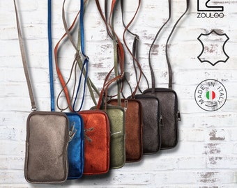 Pochette pour smartphone en cuir veritable irisé, petit sac a bandouliere pour smartphone doré , telephone portable, Avec Fermeture éclair