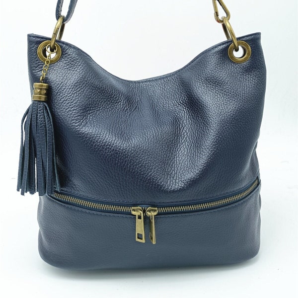 Sac en Cuir souple  pour femme, Bandouliere  BLEU MARINE