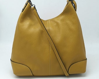 sac en cuir souple  pour femme, bandouliere moutarde