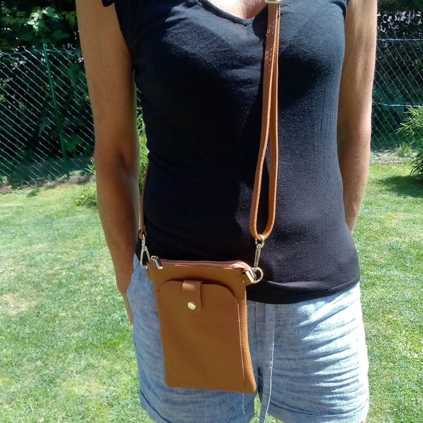 cover, crossbody leather case for mobile phone with shoulder strap