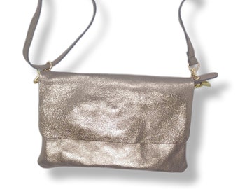 Pouch, shoulder bag with golden flap, in genuine iridescent cowhide leather, golden, sequin