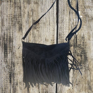 sac bandouliere en cuir a frange, boheme, noir, gris orange image 1