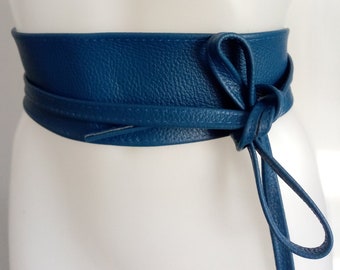 Ceinture Large  Obi Pour Femme  En cuir veritable, a nouer bleue