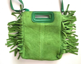 sac boheme a frange en cuir veritable vert, bleu , rose