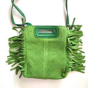 Bohemian-Tasche mit Fransen aus echtem Leder in den Farben Grün, Blau und Rosa