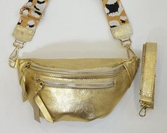 Women's leather fanny pack with shoulder strap, double closure, iridescent leather fanny pack, gold leather fanny pack, chic fanny pack