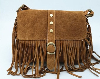 Shoulder bag, bohemian with fringe in genuine leather, suede, nubuck