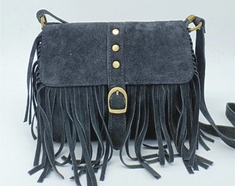 sac boheme a frange en cuir veritable noir