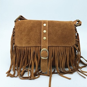bohemian bag with fringe in genuine chamois leather
