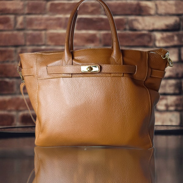 Large leather bag in soft leather, large format bag in Italian vintage grained leather,