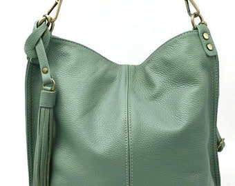 Sac cabas en Cuir souple  pour femme, sac Bandouliere  vert d'eau