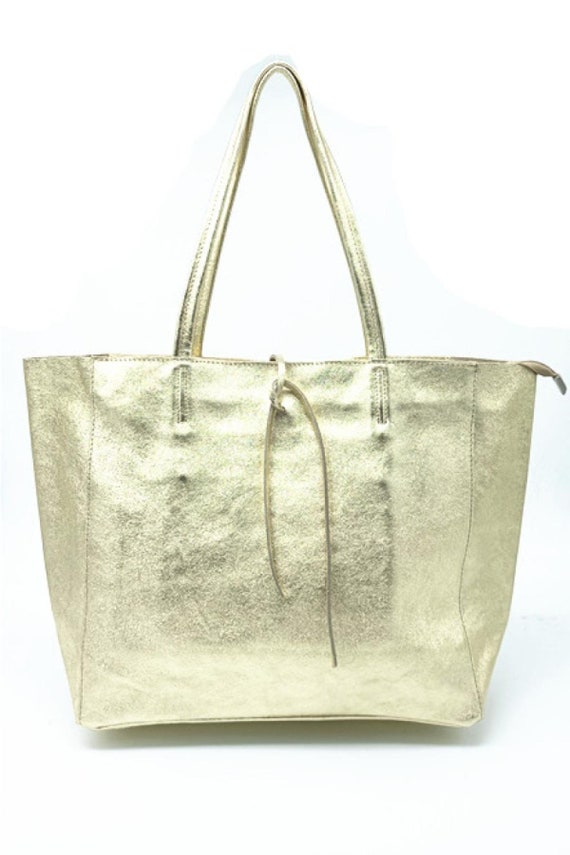 Sac cabas cuir souple italie, sac fourre-tout doré tote bag grand sac  etudiante doré ou champagne -  France