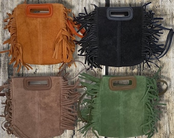 bohemian shoulder bag with fringe in genuine suede or “crocodile” cowhide leather