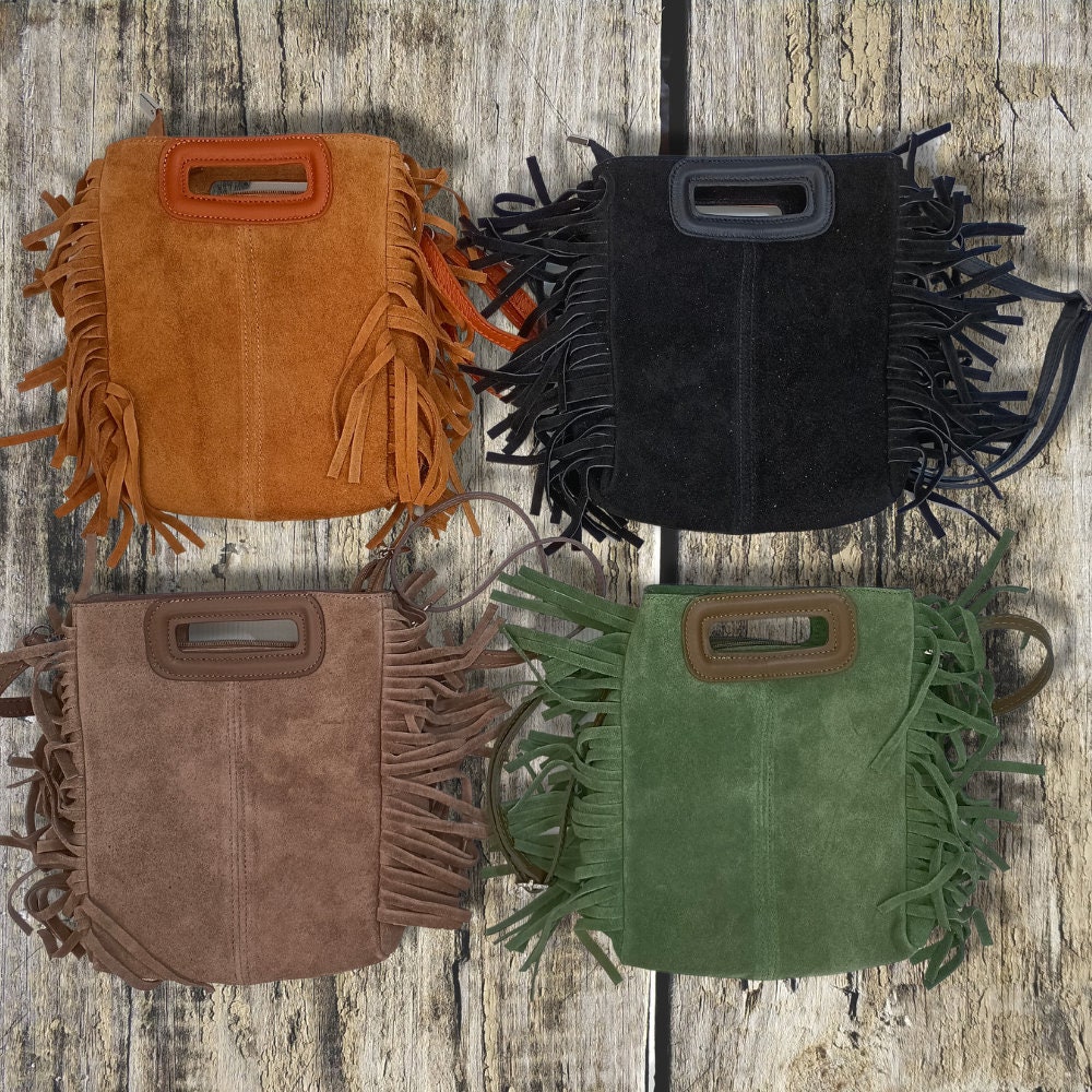 Handmade Sanna Suede Leather Mini Fringe Bag in Brown by ABURY