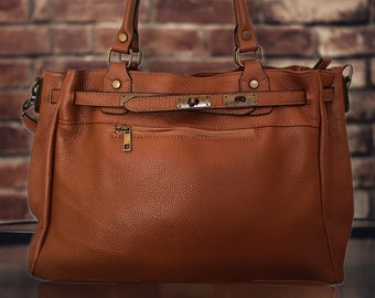 Large leather bag in soft leather, large format bag in vintage Italian grained leather,