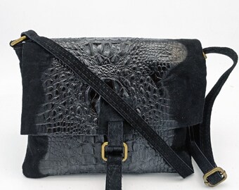 real leather suede bag, black crocodile effect