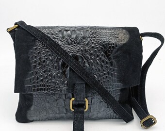 sac en daim  cuir veritable ,effet crocodile noir