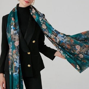 women's scarf, floral pattern Large Plaid in viscose cotton, Fall/Winter, Soft Comfortable image 2