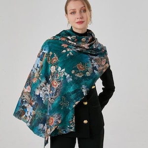 women's scarf, floral pattern Large Plaid in viscose cotton, Fall/Winter, Soft Comfortable image 1