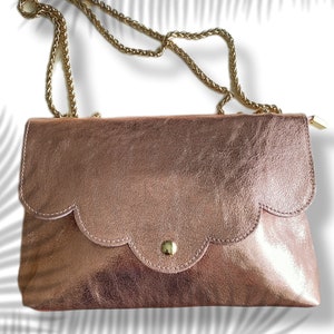 Genuine leather bag, bohemian, gold satin, metal chain, gold leather pouch, Or Rose