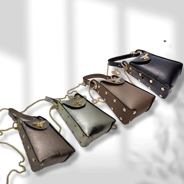 Petit Sac a bandouliere pour telephone portable, en cuir, etui  cuir pour smartphone, crossbody doré , fermeture papillon