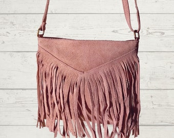 bolso de cuero con flecos, polvo rosa bohemio