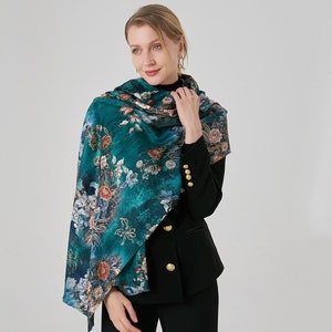 women's scarf, floral pattern Large Plaid in viscose cotton, Fall/Winter, Soft Comfortable image 3