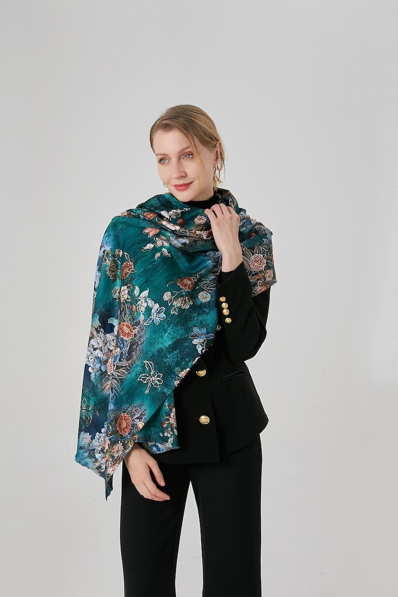 women's scarf, floral pattern Large Plaid in viscose cotton, Fall/Winter, Soft Comfortable image 3