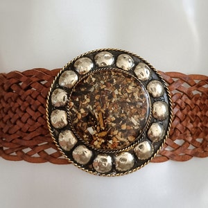 women's wide belt in braided leather, metal buckle, bohemian style Camel