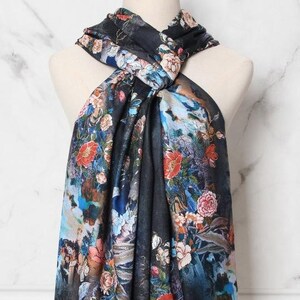 women's scarf, floral pattern Large Plaid in viscose cotton, Fall/Winter, Soft Comfortable Black