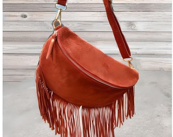 Bandouliere banana bag, women's banana bag, genuine leather fringe bag, suede, banana bag