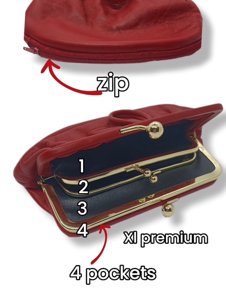 Echt leren damestas, vintage tas, kaarthouder, leren tas, clic clac portemonnee, gouden metalen frame afbeelding 6