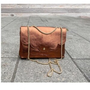 Genuine leather bag, bohemian, gold satin, metal chain, gold leather pouch, Brown