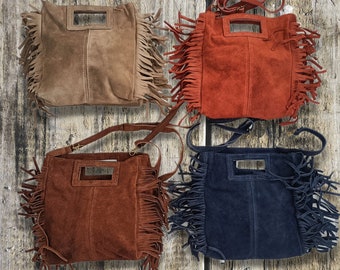 sac a bandouliere boheme a frange en cuir veritable, hobo