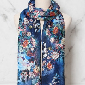 women's scarf, floral pattern Large Plaid in viscose cotton, Fall/Winter, Soft Comfortable Blue