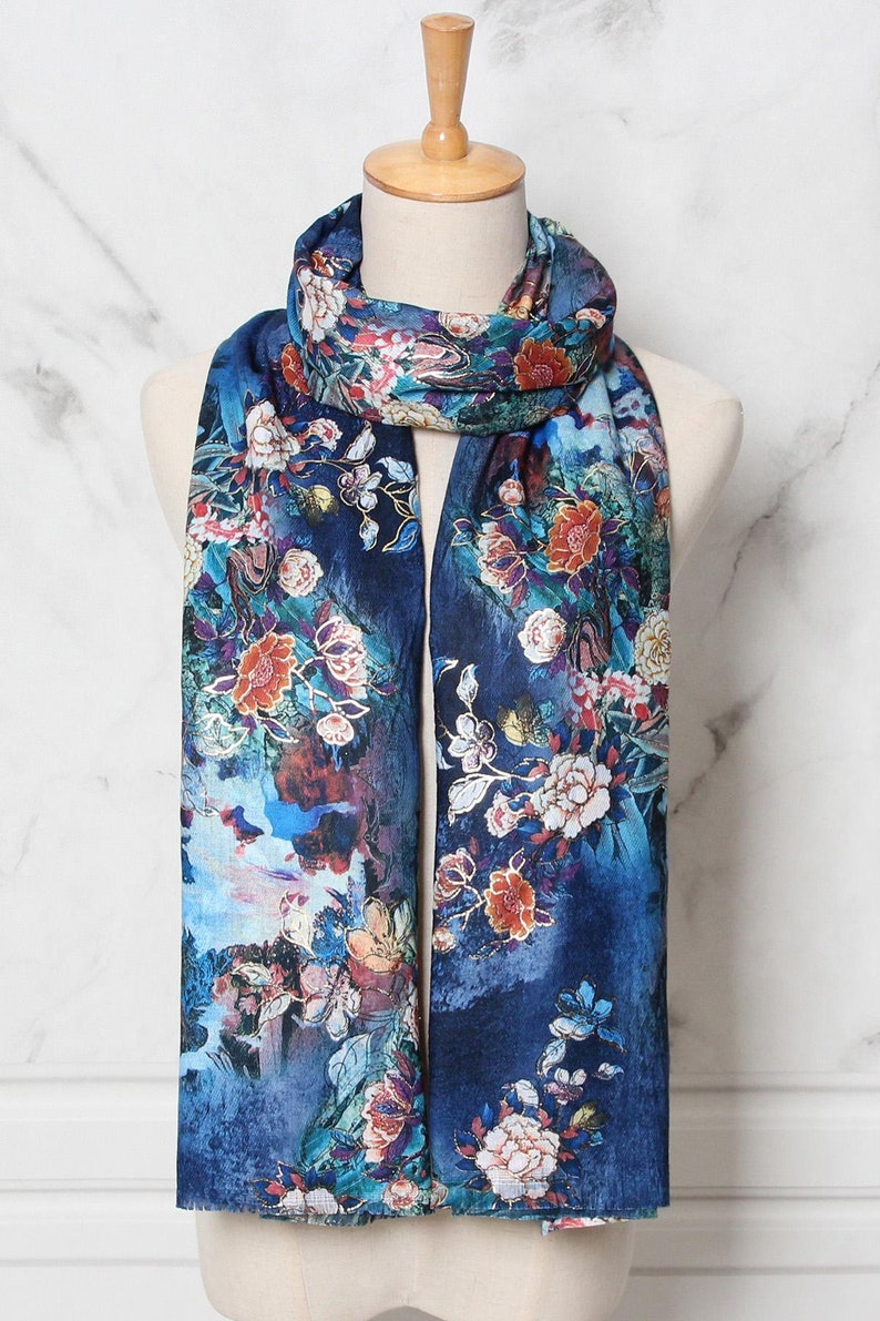 women's scarf, floral pattern Large Plaid in viscose cotton, Fall/Winter, Soft Comfortable Blue