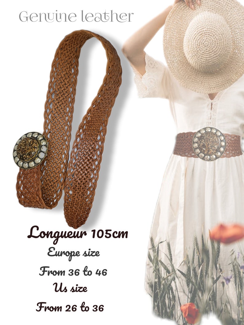 women's wide belt in braided leather, metal buckle, bohemian style image 2