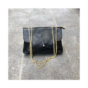 Genuine leather bag, bohemian, gold satin, metal chain, gold leather pouch, Noir