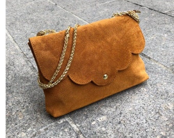 Genuine suede bag, bohemian, chain shoulder strap, flap