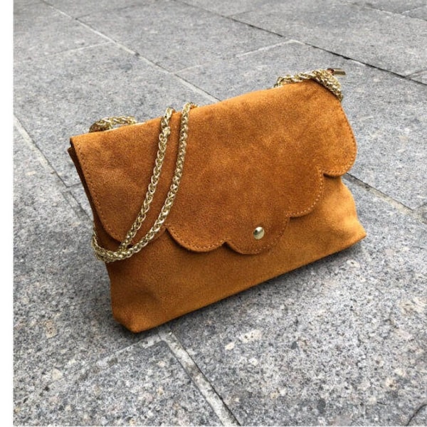 Tasche aus echtem Wildleder, Bohemian-Stil, Kettenschultergurt, Klappe