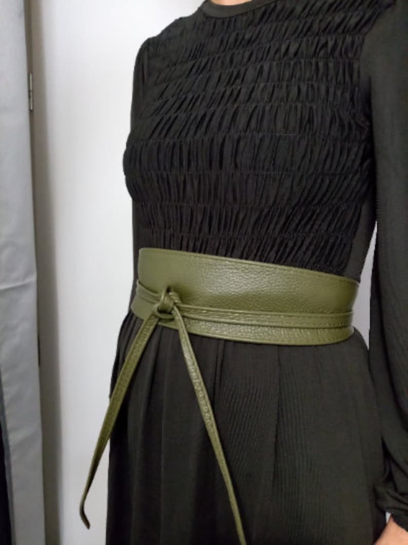 Ceinture Large Style Obi En Cuir Véritable Kaki - Taille Unique à Nouer - Neuf Sans étiquette