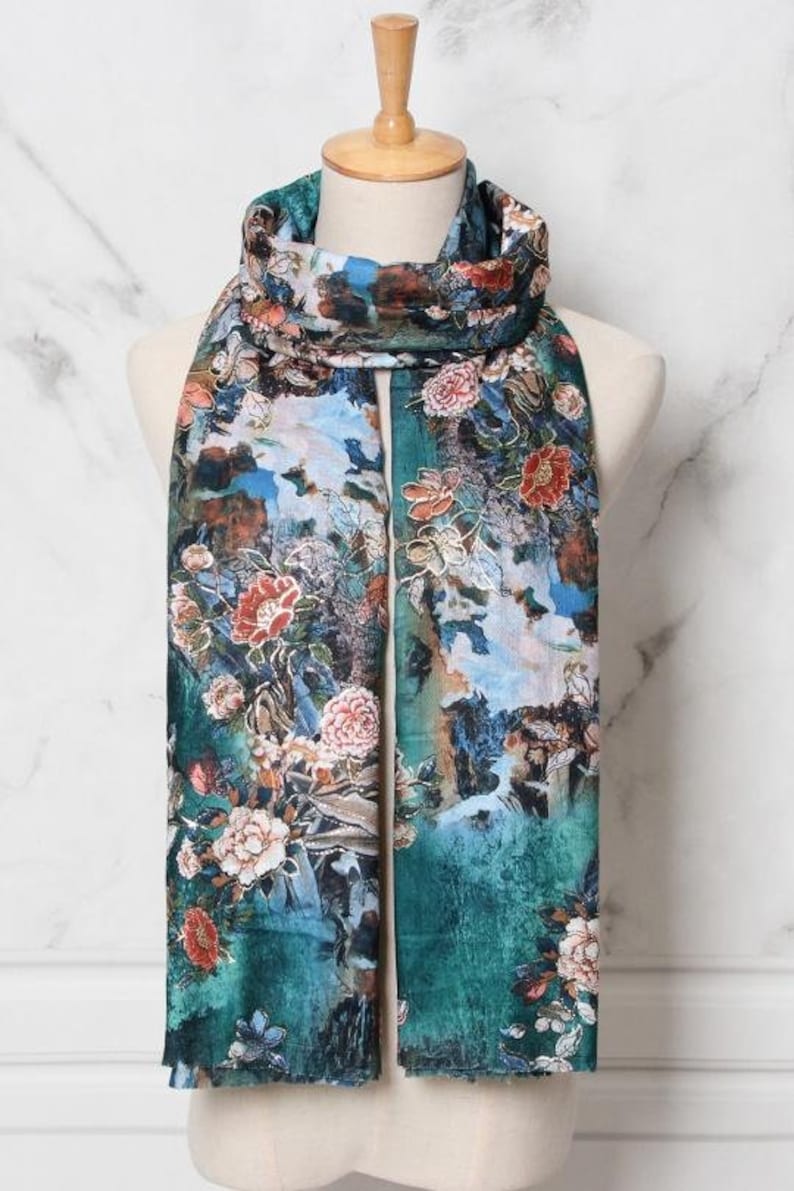 echarpe femme, motif floral Grand Plaid en coton viscose, Automne/Hiver , Souple Confortable Vert
