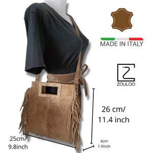 Sac Bandoulière Femme Vintage En Cuir Véritable Et Toile - Fabriqué En Italie - Style Frange Et Gland - Occasion