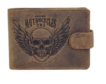 Men's coin purse RFID protection card holder for your blue card in aged cowhide leather, biker, motorcyclist, rockers, skull,