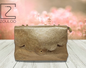 Borsa in vera pelle, bohémien, raso dorato, catena metallica, custodia in pelle dorata,