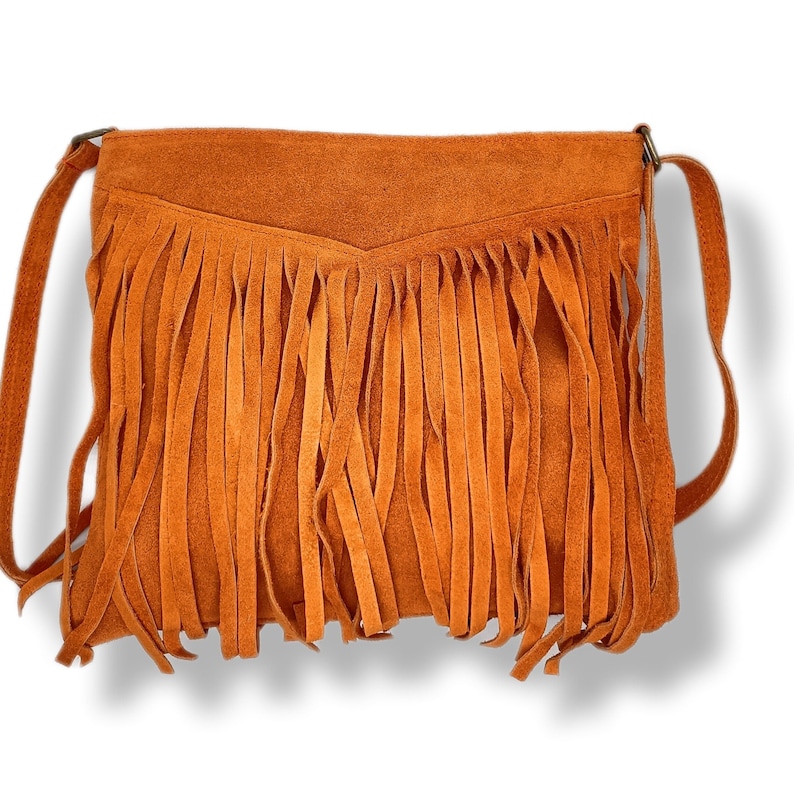 sac bandouliere en cuir a frange, boheme, noir, gris orange Orange