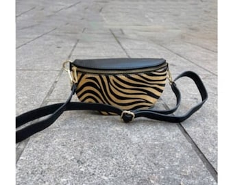 Women's leather banana bag with shoulder strap, chest bag, belt bag, panther, zebra, cow