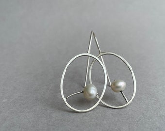 Sterling Silver Hoop Drop Earrings With Freshwater Pearls, Unique Handmade Threader Earrings